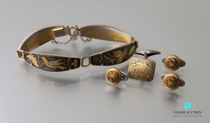 null A gold-plated bracelet with a niello decoration of birds, flowers and foliage,...