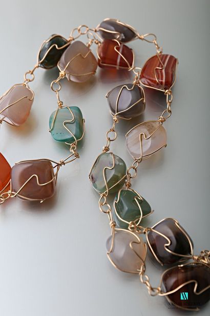 null Long necklace of colored agates entwined in a golden thread, the clasp snap...