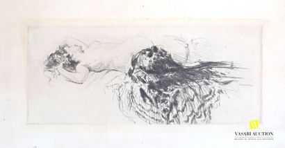 null Lot de deux cadres comprenant une gravure représentant une femme nue allongée...