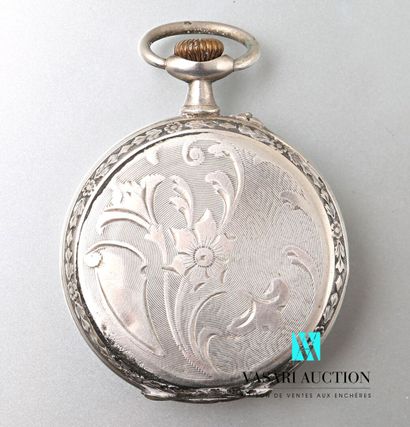 null Silver pocket watch, the round white enamelled dial indicates the hours in Arabic...