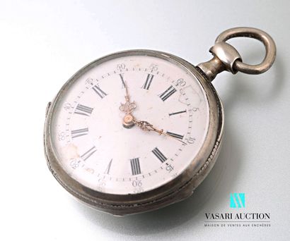 null Silver pocket watch, the round white enamelled dial indicates the hours in Roman...