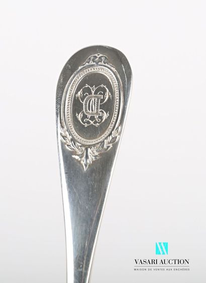 null Silver spoon for sprinkling, the plain handle presents a medallion with a number...