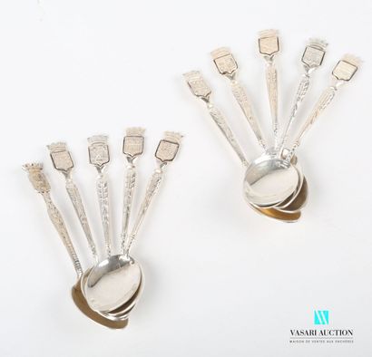 null Suite of nine silver coffee spoons 800 thousandths, the handle decorated with...