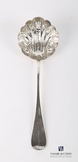 null Silver sprinkling spoon, the plain handle has a blind medallion in a surround...