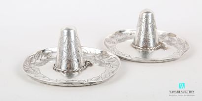 null Two silver ashtrays representing sombreros.

Master goldsmith : Ortega 

Mexican...