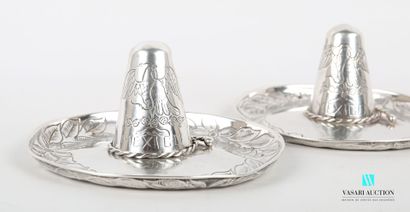 null Two silver ashtrays representing sombreros.

Master goldsmith : Ortega 

Mexican...