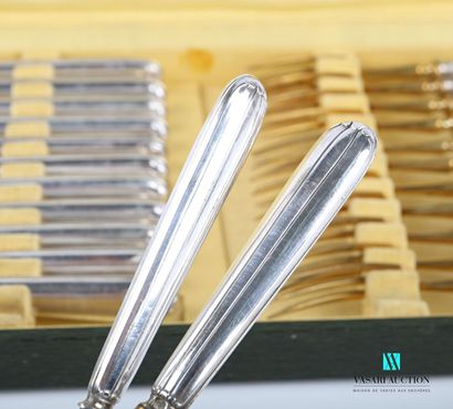 null Suite of twelve forks and twelve dessert knives, the handles in silver with...