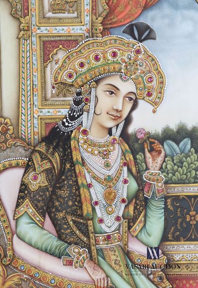 null Deux miniatures gravées et peintes figurant un maharadjah et sa femme, ornementation...
