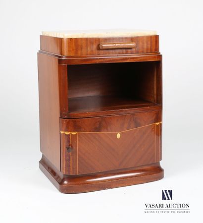 null Bedside table in natural wood and wood veneer, the top darkened by a white onyx...