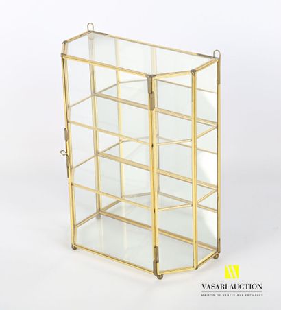 null Brass display case with five glazed sides in the front opening with a leaf revealing...