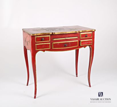 null Dressing table in engraved wood, red lacquered and gold highlights, the tray...