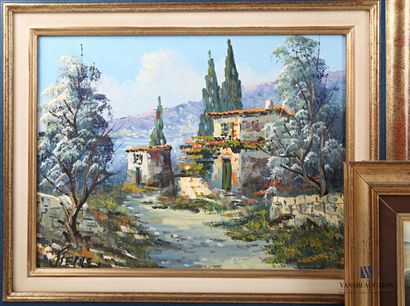 null Lot including an oil on canvas depicting a house by the river in a mountainous...