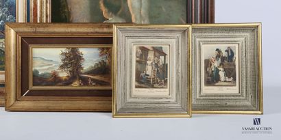 null Lot including an oil on canvas depicting a house by the river in a mountainous...