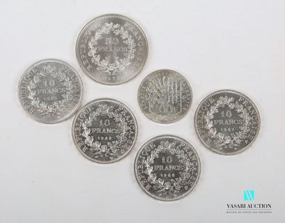 null Lot de pièces en argent comprenant une pièce de 10 francs 1965, une pièce de...