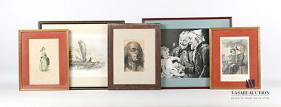 null Lot including five framed pieces:

- Anonymous - Portrait of a man - Ink and...