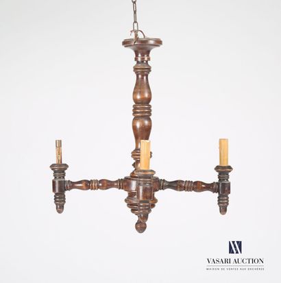 null Turned wood chandelier with four arms of light.

(Wear, worm holes and missing...