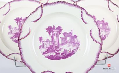 null Suite of six fine earthenware plates decorated in purple cameo with exploration...