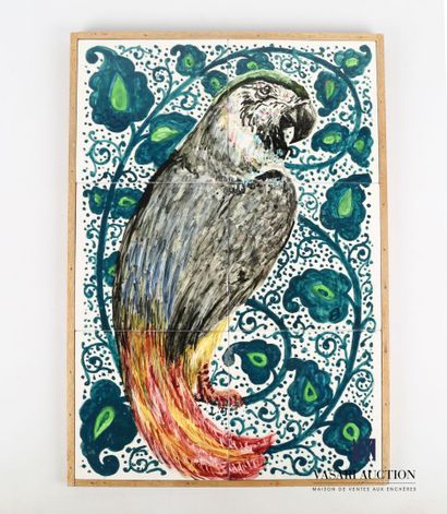 null Painting composed of six earthenware tiles featuring a parrot, set in a wooden...