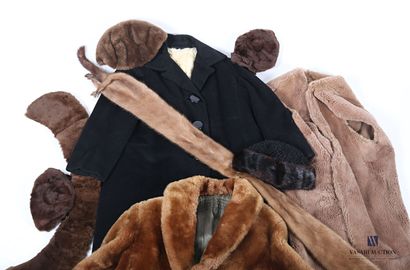 null Lot including a black coat with three large buttons lined, a synthetic fur coat...