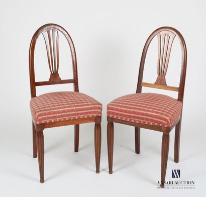 null Pair of mahogany chairs, the curved back decorated with a stylized lyre, they...