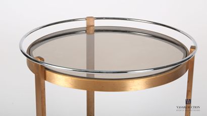 null Gilded metal side table, the round tray hemmed with a chromed tubular gallery...