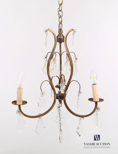 null Metal chandelier with copper patina and three arms of light decorated with faceted...