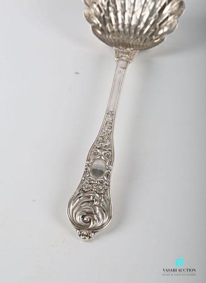 null Silver sprinkling spoon, the handle decorated with a blind cartouche flanked...