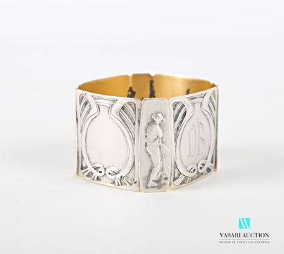 null Silver napkin ring with square corners and cut sides decorated with characters,...