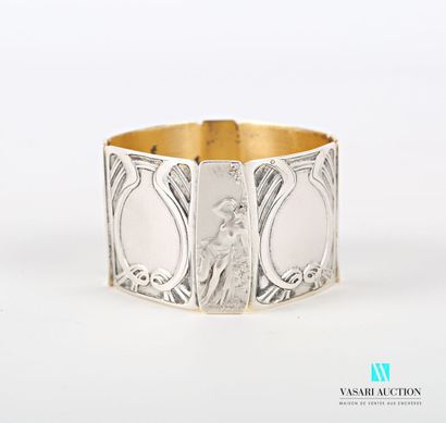 null Silver napkin ring with square corners and cut sides decorated with characters,...