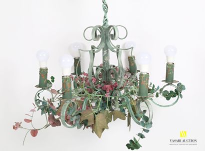 null Lot including two modern painted metal chandeliers, one painted in green with...