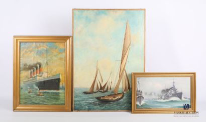 null Lot of three frames including an oil on canvas depicting warships - signed Pons...
