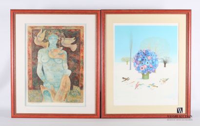 null Lot of two framed lithographs : 

- BIMMA Dakri (XXth century)

Woman with three...
