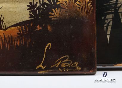 null Lot of three lacquered panels showing animated lakescapes.

One signed L.Rao

20th...