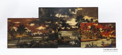 null Lot of three lacquered panels showing animated lakescapes.

One signed L.Rao

20th...