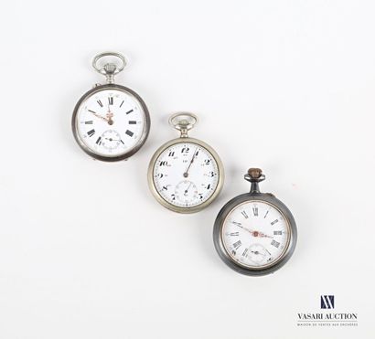 null Three metal pocket watches, the first one from LIP has a white enamelled dial...