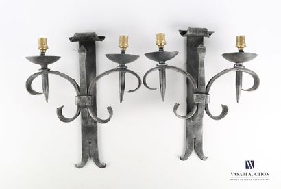 null Lot including two pair of wrought iron sconces, the shaft in scroll, one with...