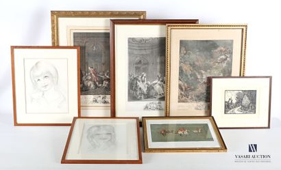 null Lot of seven framed pieces including : 

- a pair of drawings representing portraits...