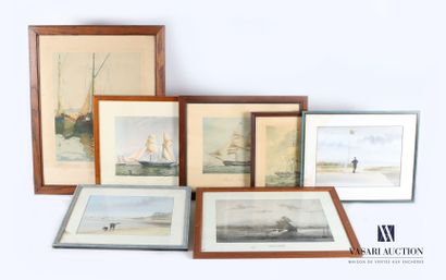 null Lot of seven framed pieces including five reproductions of boats and two figuring...