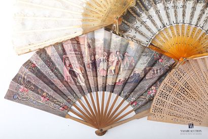 null Lot including seven fans including a fan, the leaf printed with a gallant scene,...