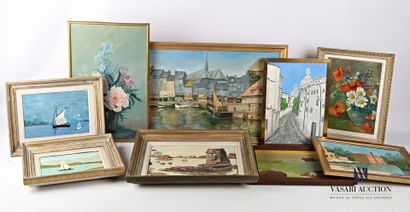 null Lot of framed pieces including : 

BOISSARD R. - View of a port - Oil on canvas...