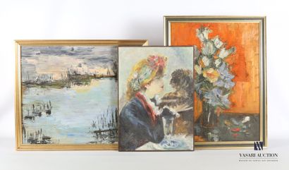 null Lot of three frames including

- Oil on canvas representing a woman and her...