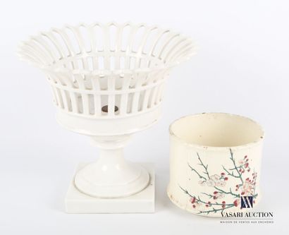 null Lot including a round mounted white porcelain cup, the openwork bowl rests on...