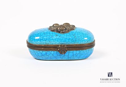 null Oblong earthenware pill box with blue cracked enamel, the lid decorated with...