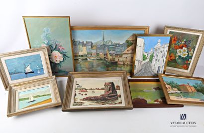 null Lot of framed pieces including : 

BOISSARD R. - View of a port - Oil on canvas...