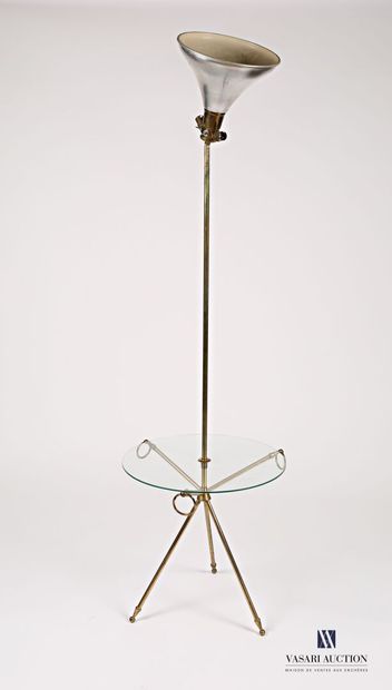 null Floor lamp in gilded brass standing on a tripod diabolo base finished by rings...