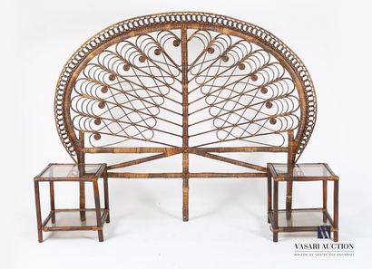 null Headboard in bamboo and rattan of curved form with openwork decoration of scrolls...