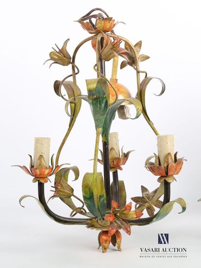 null Two chandeliers in polychrome painted metal, one with three arms of light decorated...