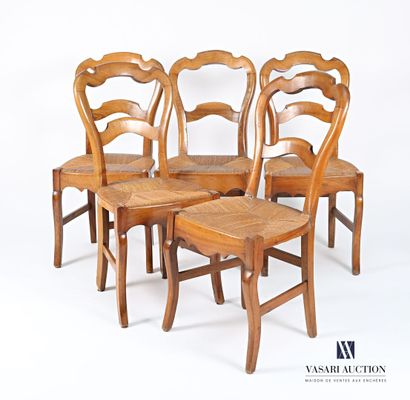 null Suite of five chairs in fruit wood, the backrest is decorated with a horizontal...