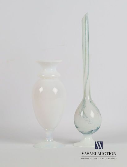 null Lot in opaline including a vase of ovoid form posing on a foot, the ringed and...