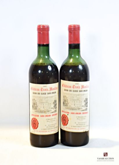 null 2 bouteilles	Château TROIS MOULINS	St Emilion GCC	1961

	Et. légèrement tachées...